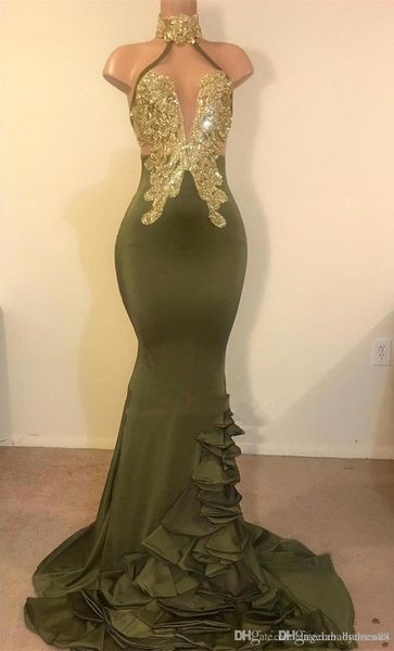 

горячие продаем темно-зеленые платья выпускного вечера русалки холтер золотые аппликации сексуальные атласные спинки длинные вечерние платья, Black