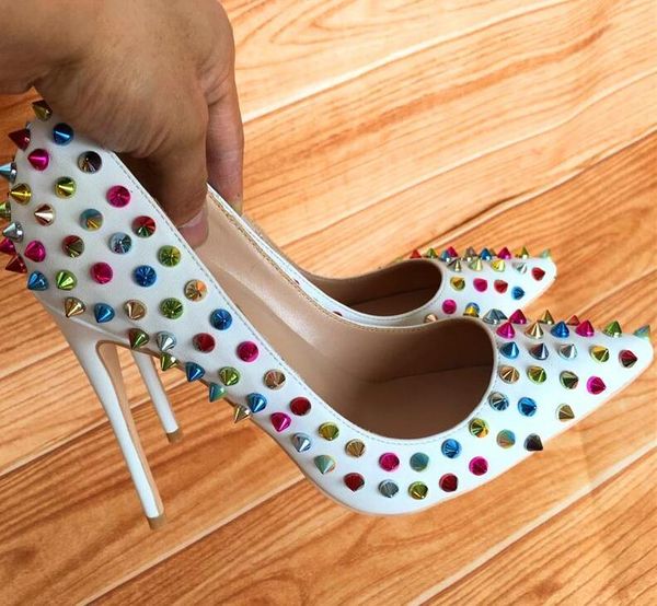 

2019s бесплатная доставка мода женщины свадьба белые кожаные шипы заклепки острым носом туфли на высоких каблуках туфли на шпильках туфли на, Black