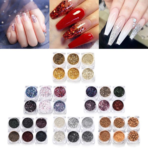 

6 pcs set mixed red dipping flakes nails powder holographic dazzling nail glitter diy manicure sequins beauty nail art decor, Silver;gold