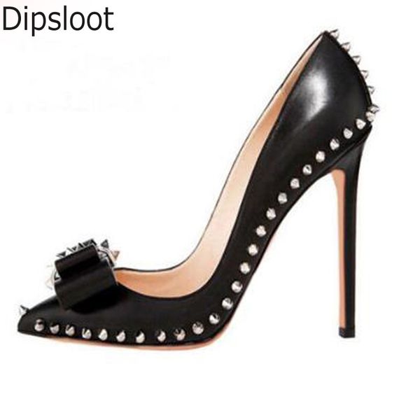 

low cut metal rivets studs bowtie stilettos pumps asakuchi single party dress pointed toe woman models high heels shoes, Black