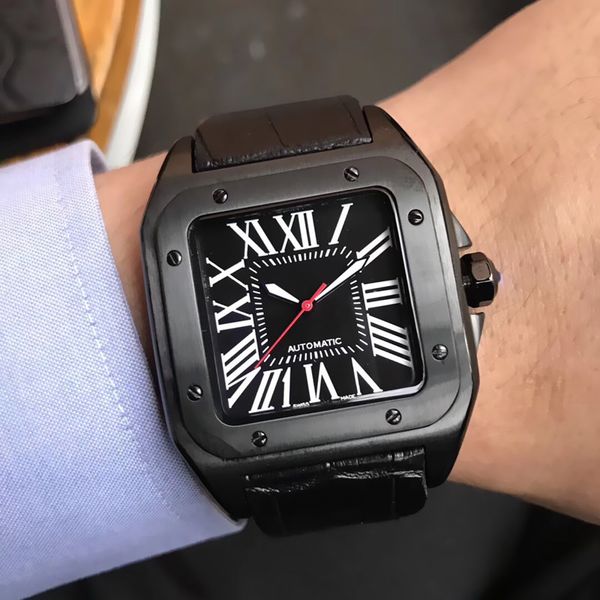 

Montre automatique hommes de luxe автоматические механические движения минеральный синий стекло зеркало итальянский черный кожаный ремешок автоматические часы A225