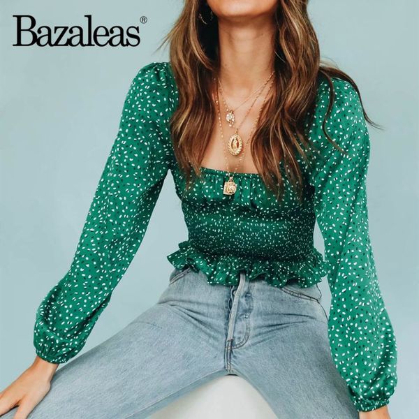 

bazaleas vintage long sleeve ruffles blouse fashion green raindrop print cropped women blouse elastic waist crop, White