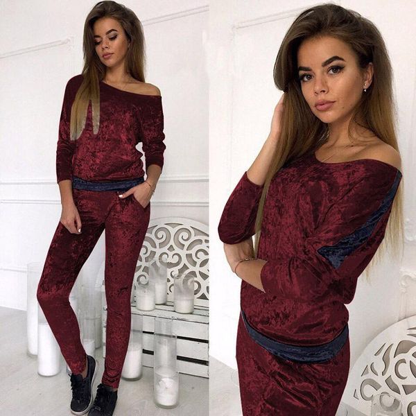 

casual velvet suit women casual tracksuit off shoulder two piece set spring long sleeve women 2 piece set and pants convention, Gray