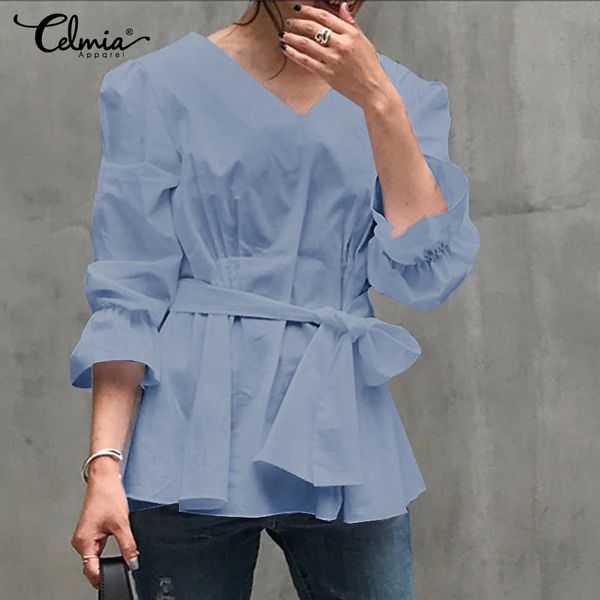 

celmia women v-neck blouse fashion shirt 2019 autumn long sleeve elegant belted tunic ruffles blusas femininas s-5xl, White