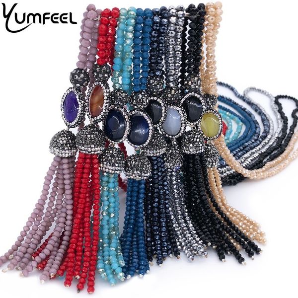 

yumfeel brand new crystal paved natural stone tassel pendants necklaces women 9 colors choice long necklace jewelry fashion gift, Silver