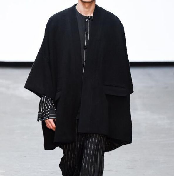 

s-6xl 2019 autumn men's new fashion personalized customization large size loose kimono wool coat, Black