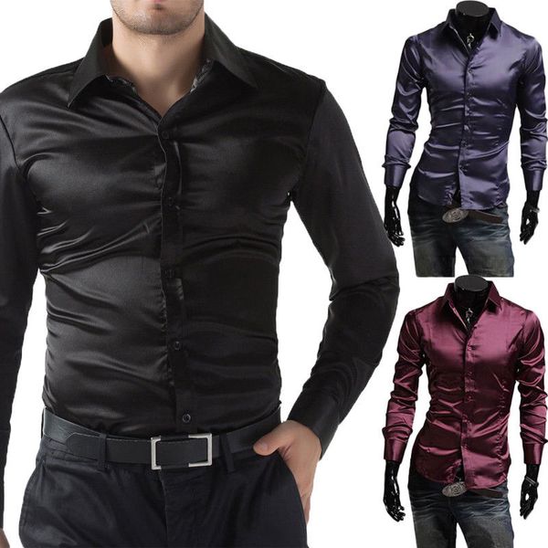 Camicia di seta moda uomo 2018 satinato uomini liscio camicia solido manica lunga business casual slim fit abito da sposa camicie vestiti