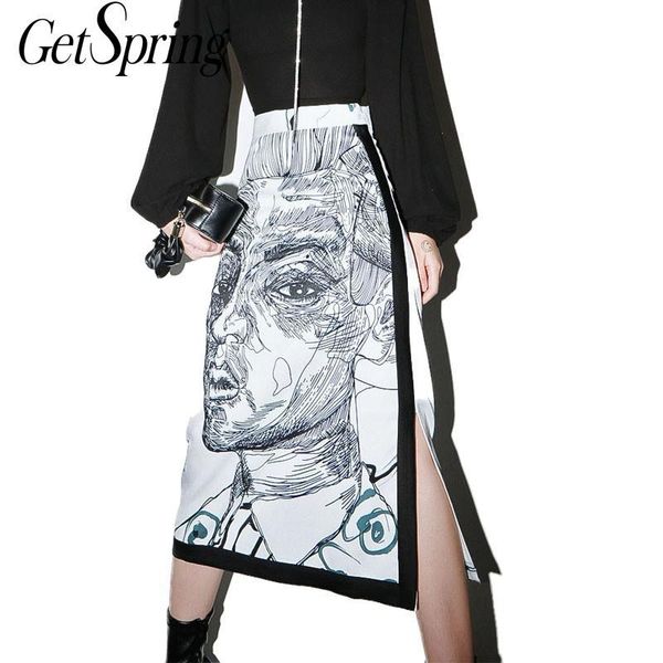 

getspring women skirt split print character high waist long skirts color matching vintage all macth long skirts women 2020, Black