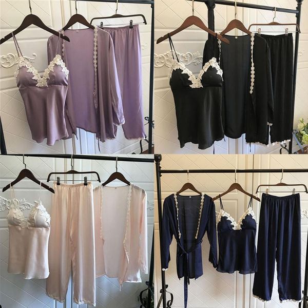 

3pcs/set women nightwear set ladies pajamas ice silk bralette silk sling sleepwear lace trousers nightgown, Blue;gray