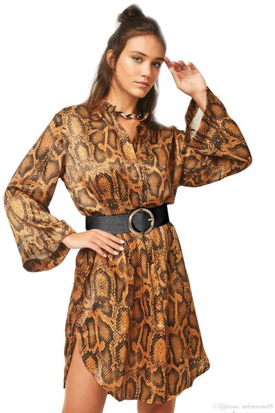 

women shirt dress snake printed designer spring fashion dresses with sashes vestidoes, Black;gray