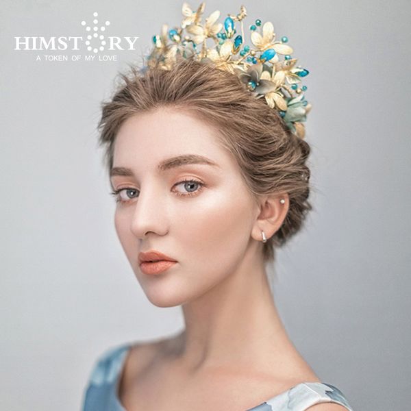 

himstory vintage blue flower butterfly tiara crown baroque queen wedding party hair accessories, Golden;white