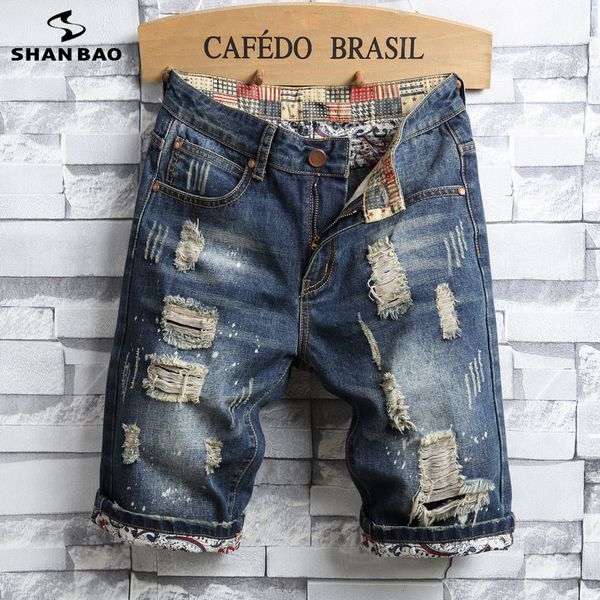 

shanbao brand trend personality hole embellishment men's casual denim shorts summer new thin straight tube loose jeans shorts, Blue