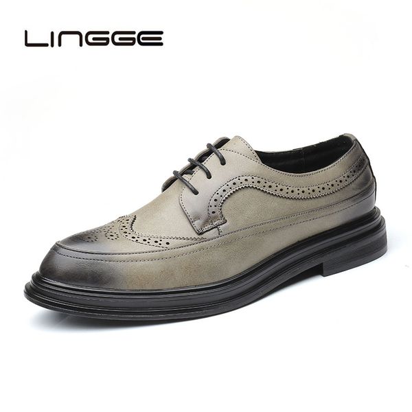 

lingge men's fashion lace up leather brogue shoes male formal dress pointed toe business shoes classic brogue, Black