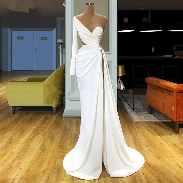 Bianco increspato abiti da sera convenzionale 2020 una spalla Prom Dress per le donne robe de soiree a metà coscia fessura Dubai partito abiti