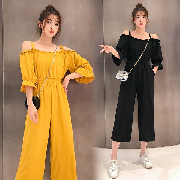 

jumpsuit for women 2019 women's sling jumpsuit female word shoulder chiffon loose straight high waist wide leg, Black;white