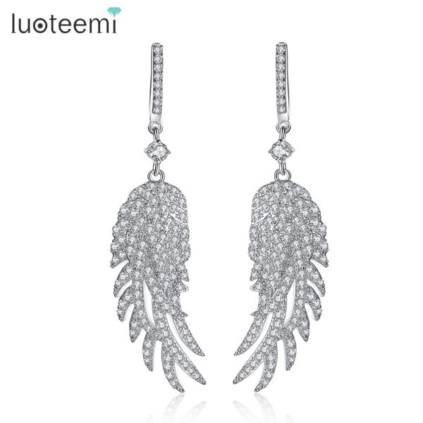 

luoteemi fashion long drop earrings with stones angel wings large big brincos micro paved cz ear clip wedding jewelry, Silver