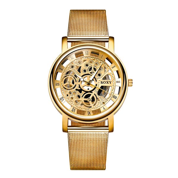 

2019 new casual luxury womens mens watches gold skeleton steel mesh quartz wrist watch for men wholesale business men watch soxy, Slivery;brown