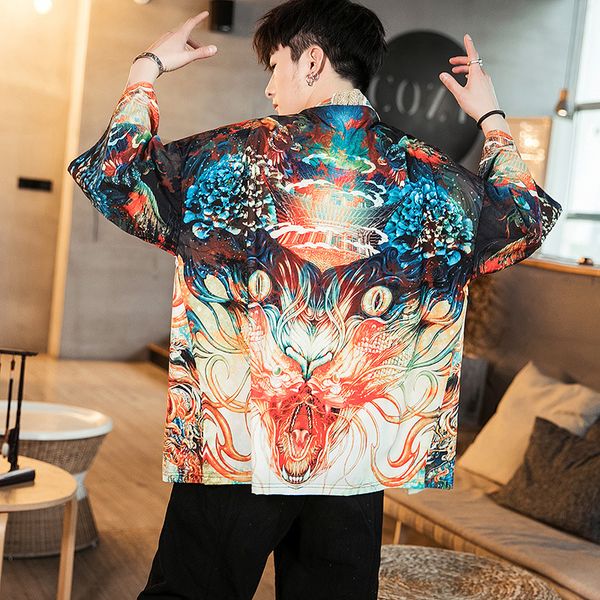 

chinese style dragon kimono cardigan men shirt hip hop streetwear kimono shirt men japanese summer, White;black