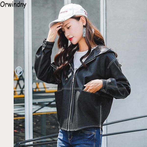 

orwindny 2019 spring and autumn leather clothing women loose casual leather coat hooded have pockets black faux jackets