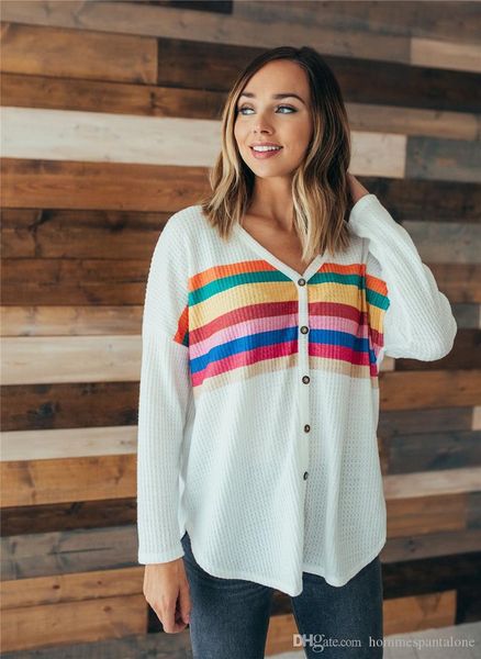 

spring women striped printed tshirt fashion designer v neck ladies tees casual loose panelled loose female clothing with button, White