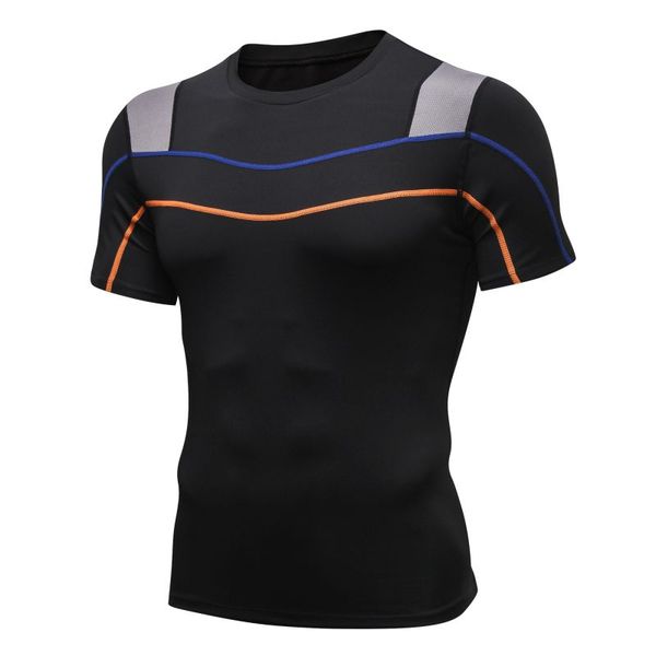 

summer men running fitness t-shirt quick-drying high-elastic tight-fitting sports short-sleeved t-shirt sports top, Black;blue