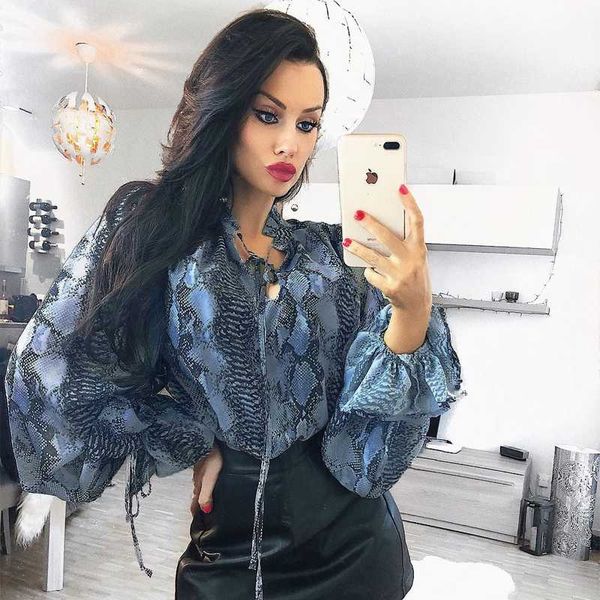 

women's blouses & shirts women fashion contrast color snakeskin chiffon blusas mujer loose female breathable, White