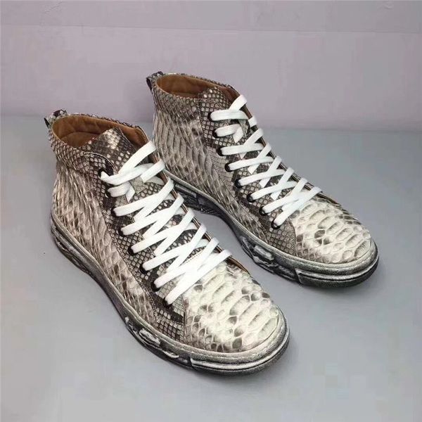 

authentic real python snakeskin soft sole men's casual sneakers exotic genuine leather male lace-up high-lift winter shoes, Black