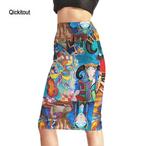

qickitout skirts 2016 women's new colored murals 3d print skirts fashion high waist package hip skirt size s-4xl drop ship, Black