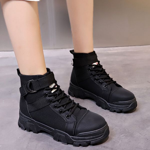 

autumn ladies casual canvas shoes lace up platform ankle boots for women thick bottom buckle flat footwear female pink, Black