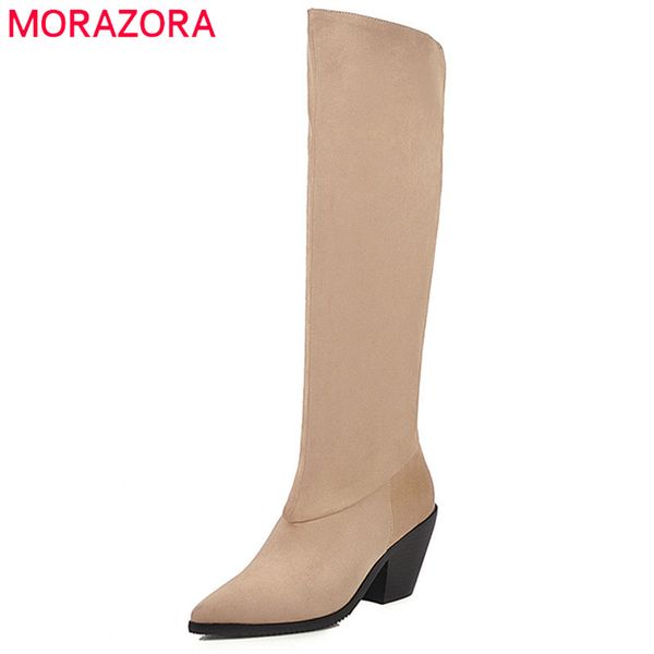 

morazora 2020 knee high boots women flock autumn winter high heels boots pointed toe fashion simple casual shoes woman, Black
