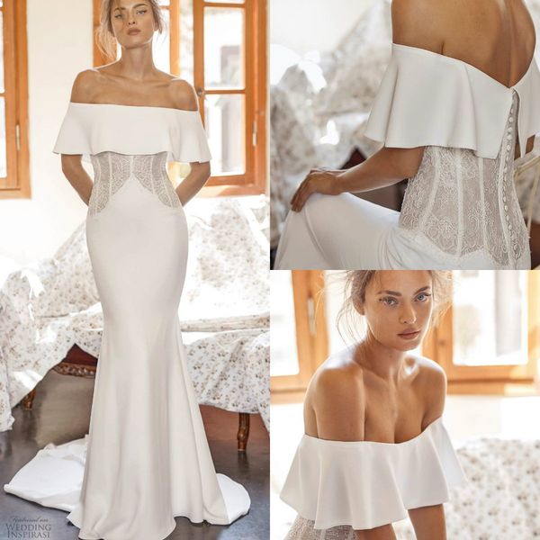 

2020 lihi hod mermaid wedding dresses bateau neck lace satin modest bridal gowns sweep train customized beach wedding dress, White