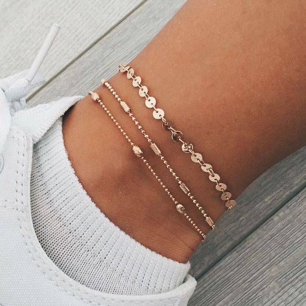

3pcs shining beads anklets foot bracelets set gold summer ankle chain anklets for women leg sandal barefoot jewelry, Red;blue
