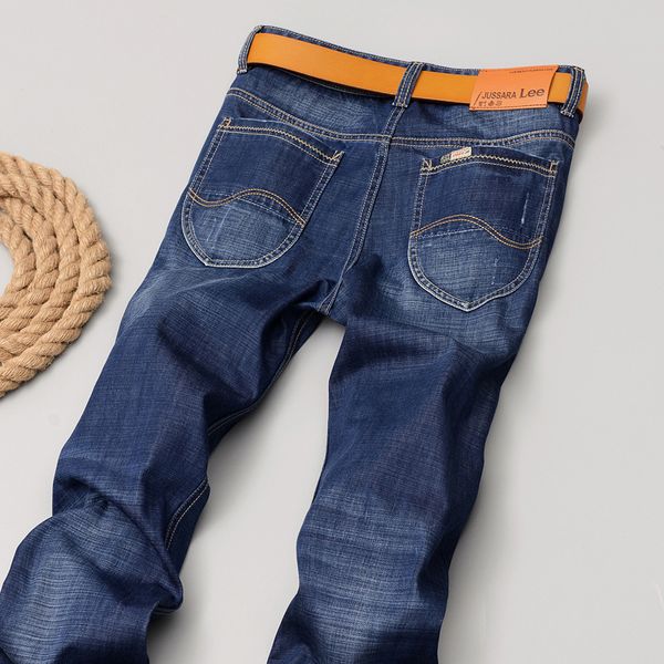 

2019 spring and autumn new style brand business straight-cut men's jeans elasticity slim fit thin jeans men's fashion, Blue