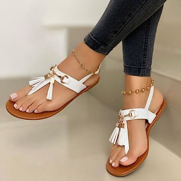 

women's bohemia sandals summer flip flops 2020 women new tassel flats woman pu leather female beach shoes ladies flats plus size, Black