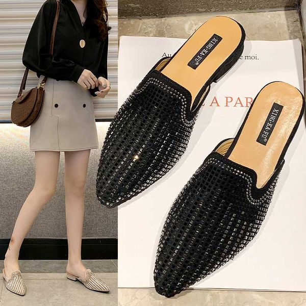 

shoes flock glitter slides low pointed toe slippers flat fashion shose women female mule pantofle jelly luxury mules cover 2020, Black