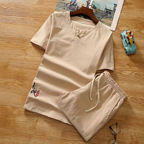 

2019 new men's linen 2 piece sets short sleeve summer brand vintage fit slim o neck casual linen suits for men fit slim may24, Gray