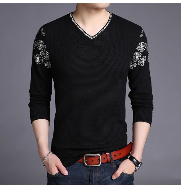 

Spring Autumn V-Neck Sweaters Fashion Solid Embroidery Sweaters Long Sleeved Knitted Sweatshirts Casual Slim Mens Clothing