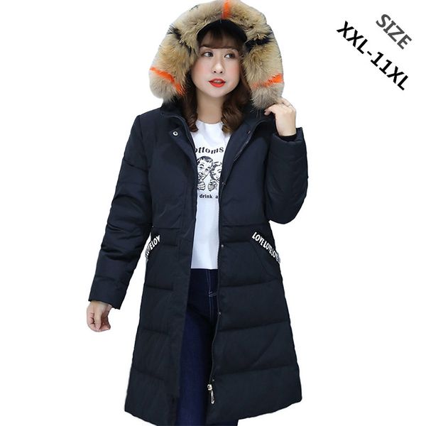 

winter down coat women super large size xxl-11xl natural raccoon fur collar hooded jackets female thicken warm down jackets 2289, Black