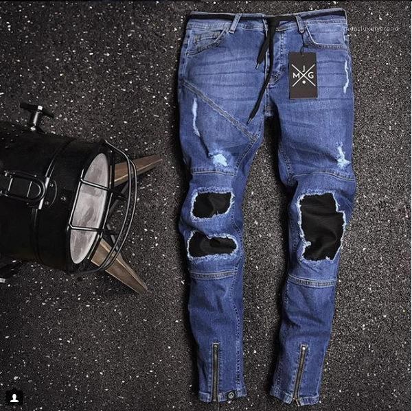 

blue jeans patched designer male rapper skateboard biker pencil jeans mens fashion denim
