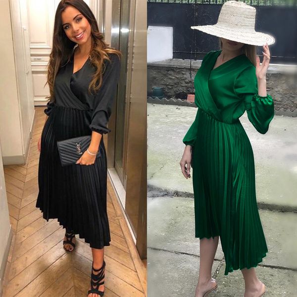 

women's long sleeve v-neck pleated pleated skirt solid color simple fashion dress casual dresses, Black;gray
