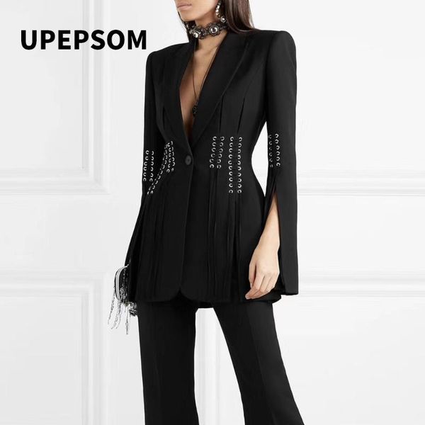 

upepsom 2020 long sleeve low cut blazer women party clubwear black blazer ribbons lace up office lady winter jacket, White;black
