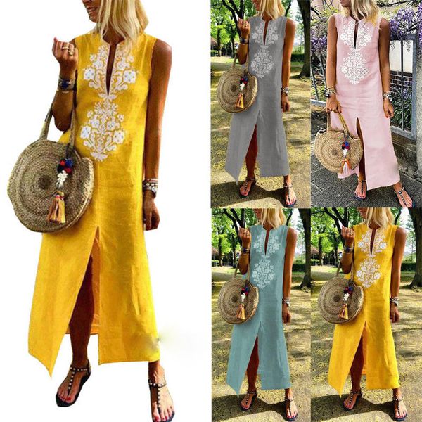 

2019 new women's sleeveless printed dress cocktail evening party boho long maxi dress ladies summer cotton casual long dress, Black;gray