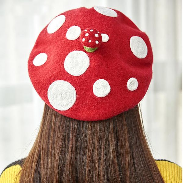 

cute mushroom women hats handmade wool beret white dot manual wool felt berets birth day gift for girl winter knitted warm caps, Blue;gray