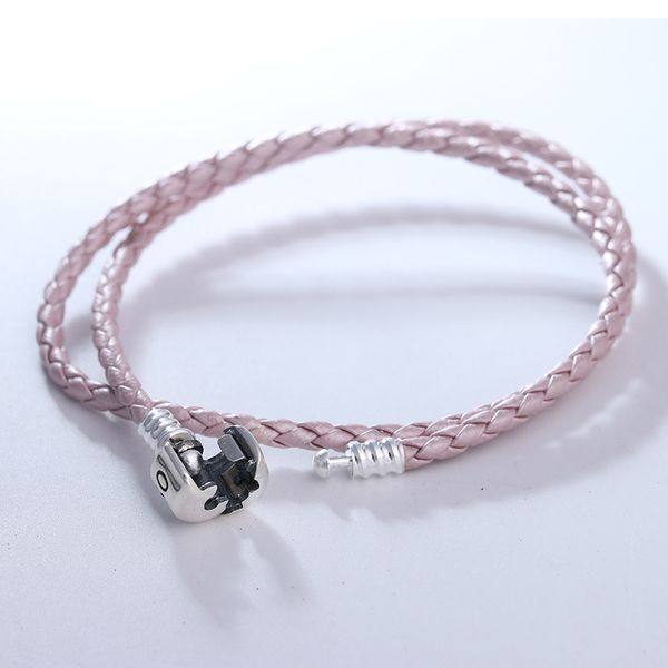 

pearl pink double leather bracelet fits sterling silver original charms & beads for woman diy jewelry making, Golden;silver