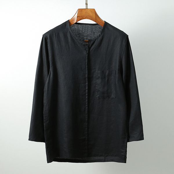 

100% pure linen men long sleeve shirt solid black white collarless collar pullover spring summer fashion casual shirts y2253, White;black
