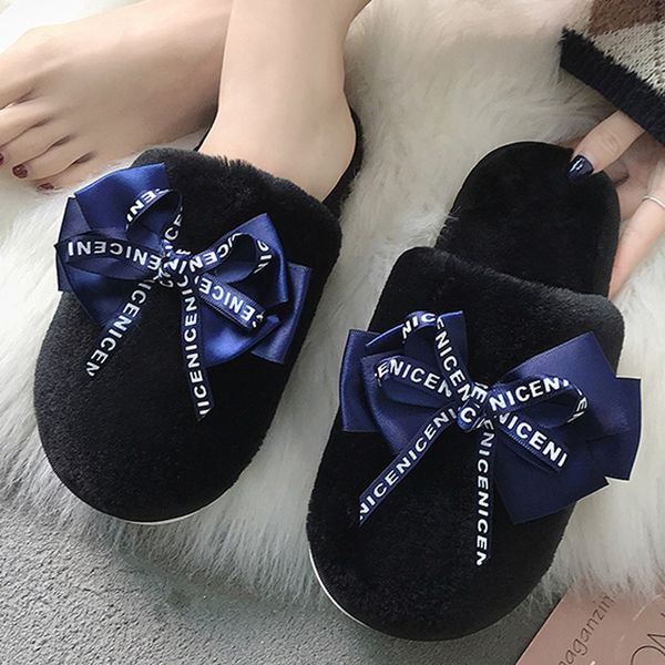 

butterfly-knot women's home slipper keep warm winter solid non-slip flat closed toe shoes casual house slippers pantuflas mujer, Black