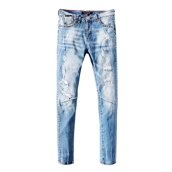 

весна и осень мужские синие джинсовые брюки с отверстиями, тонкие ноги, корейские модные отверстия, молодежные трендовые брюки, Blue