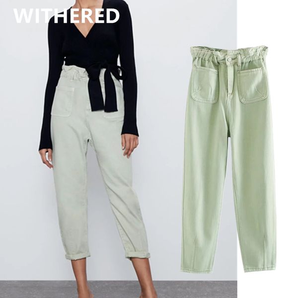 

withered summer england high street vintage pockets collect waist ankle jeans woman high waist jeans loose harem for women, Blue