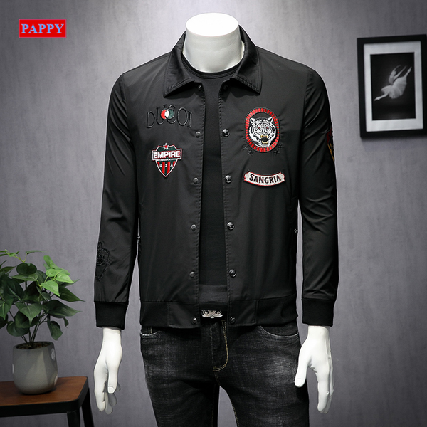 

2020 new men jacket letter embroidery jacket men zipper letter badge embroidery man lapel man coat, Black;brown