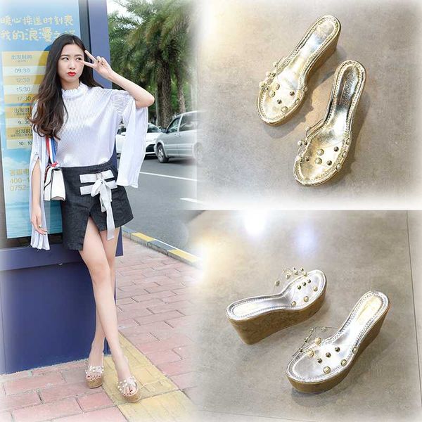

2020 summer pearl high-heeled slippers korean high-heeled sandals transparent platform women's shoes, Black